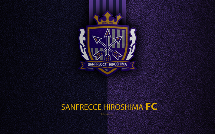 Sanfrecce Hiroshima FC, 4k, logotipo, textura de cuero, Japon&#233;s club de f&#250;tbol, el emblema, la J-League, Divisi&#243;n 1, f&#250;tbol, Asaminami, Hiroshima, Jap&#243;n, Jap&#243;n Campeonato de F&#250;tbol