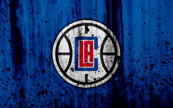 4k, Los Angeles Clippers, grunge, NBA, basketball club, LA Clippers, Western Conference, USA, emblem, stone texture, basketball, Pacific Division