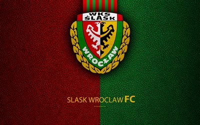 Slask Wroclaw FC, 4k, football, emblem, logo, Polish football club, leather texture, Ekstraklasa, Wroclaw, Poland, Polish Football Championships