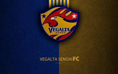 Vegalta Sendai FC, 4k, logo, leather texture, Japanese football club, emblem, J-League, Division 1, football, Sendai, Miyagi, Japan, Japan Football Championship