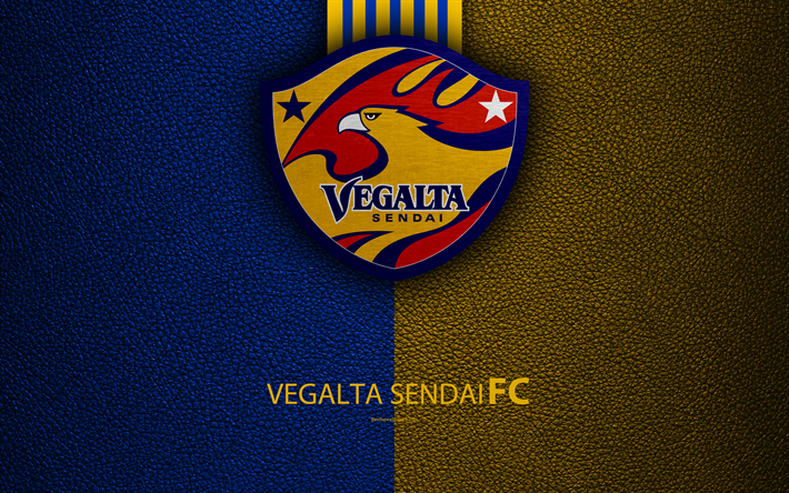 Vegalta Sendai FC, 4k, logo, leather texture, Japanese football club, emblem, J-League, Division 1, football, Sendai, Miyagi, Japan, Japan Football Championship