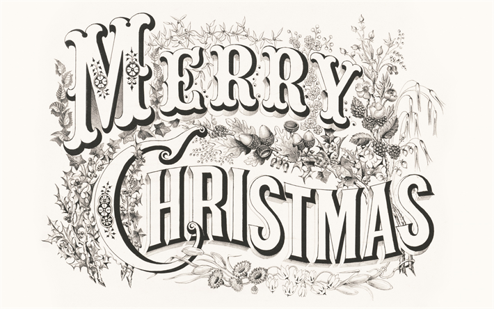 Feliz Natal, tipografia, ornamento, Ano Novo, pintados &#224; m&#227;o, Natal