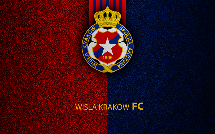Wisla Krakow FC, 4k, football, emblem, Wisla logo, Polish football club, blue red leather texture, Ekstraklasa, 1906, Krakow, Poland, Polish Football Championships