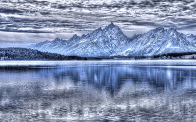 Teton National Park, mountain lake, winter, snow, mountain landscape, USA, Wyoming