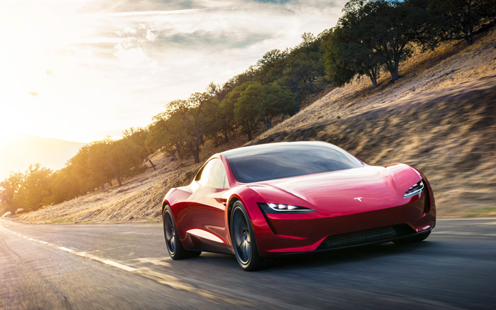 El Tesla Roadster, 4k, 2018 coches, coches el&#233;ctricos, carreteras, Tesla