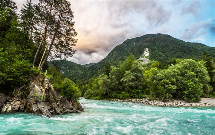 mountain landscape, forest, mountain river, mountains, Alps, Slovenia, Bovec