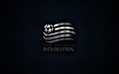 New England Devrim, 4k, metal logo, yaratıcı sanat, Amerikan Futbol Kul&#252;b&#252;, İLKAY, amblemi, mavi metal arka plan, Yeni İngiltere, ABD, futbol, Major League Soccer