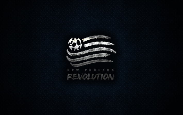 New England Revolution, 4k, metall-logotyp, kreativ konst, Amerikansk fotboll club, MLS, emblem, bl&#229; metall bakgrund, New England, USA, fotboll, Major League Soccer