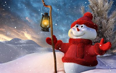 snowman, winter, snowdrifts, night, flashlight, Happy New Year, Merry Christmas