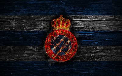 Espanyol FC, fogo logotipo, LaLiga, azul e branco, linhas, clube de futebol espanhol, grunge, futebol, logo, Espanhol, textura de madeira, Espanha