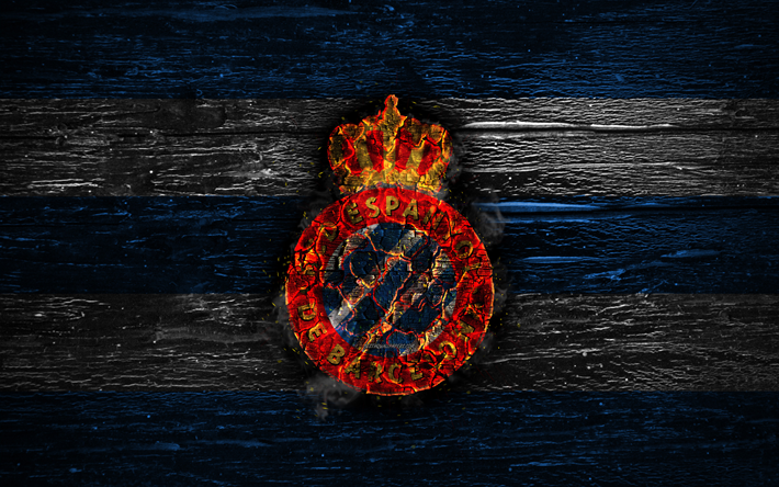 Espanyol FC, fire logo, LaLiga, blue and white lines, spanish football club, grunge, football, soccer, logo, Espanyol, wooden texture, Spain
