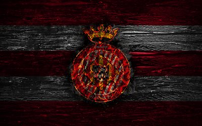 Girona FC, fogo logotipo, LaLiga, linhas vermelhas e brancas, clube de futebol espanhol, grunge, futebol, logo, Girona, textura de madeira, Espanha