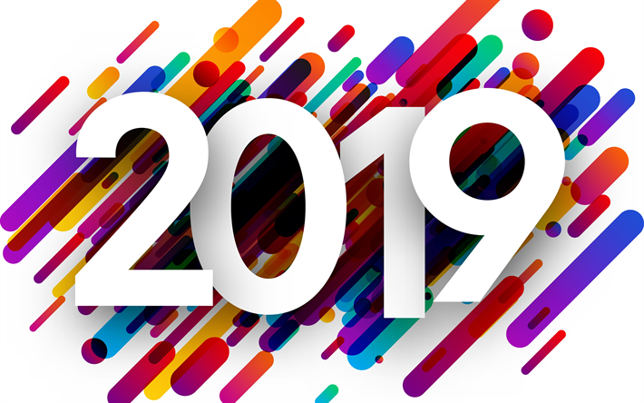 4k, سنة جديدة سعيدة عام 2019, الأبيض الأرقام, الإبداعية, سنة 2019, الفن التجريدي, 2019 المفاهيم, خطوط ملونة
