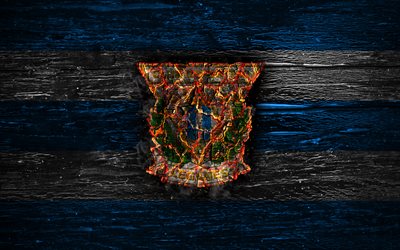 Leganes FC, fogo logotipo, LaLiga, azul e branco, linhas, clube de futebol espanhol, grunge, futebol, logo, CD Leganes, textura de madeira, Espanha