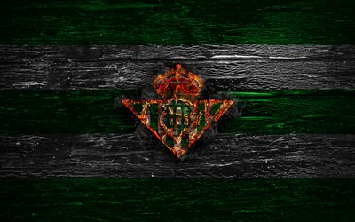 Real Betis FC, fire logo, LaLiga, green and white lines, spanish football club, grunge, football, soccer, logo, Real Betis Balompie, wooden texture, Spain