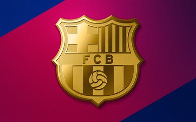 El FC Barcelona de oro logotipo, catalana de f&#250;tbol del club, azul-violeta de fondo, con el emblema de La Liga, Catalu&#241;a, Espa&#241;a, el Bar&#231;a, el f&#250;tbol