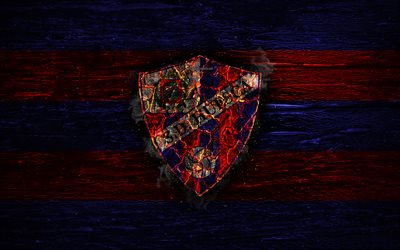 Huesca FC, el fuego logotipo, LaLiga, azul y roja, club de f&#250;tbol espa&#241;ol, el grunge, el f&#250;tbol, el logotipo, la SD Huesca, de madera de textura, Espa&#241;a