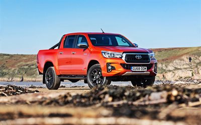 Toyota Hilux, offroad, 2018 cars, SUVs, Invincible X Double Cab, night, orange Hilux, japanese cars, Toyota