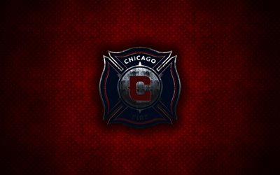 Chicago Fire FC, 4k, logo de metal, arte creativo, American club de f&#250;tbol, de la MLS, con el emblema de metal rojo de fondo, Chicago, Illinois, estados UNIDOS, el f&#250;tbol de la Liga Mayor de F&#250;tbol