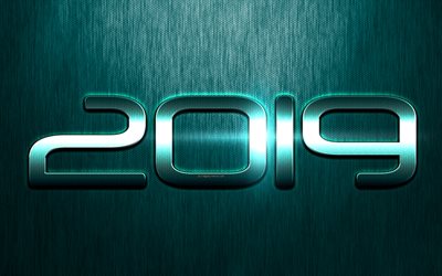 2019 year, stylish turquoise digits, New Year, creative art, 2019 concepts, blue background, blue green letters, metal texture, metal numbers