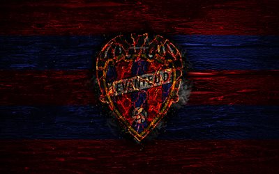 Levante FC, fire logo, LaLiga, red and blue lines, spanish football club, grunge, football, soccer, logo, Levante UD, wooden texture, Spain