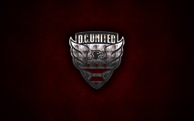 DC United FC, 4k, metal logo, creative art, American soccer club, MLS, emblem, red metal background, Washington, USA, football, Major League Soccer