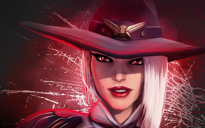 Ashe, red eyes, cyber warrior, artwork, red hat, Overwatch