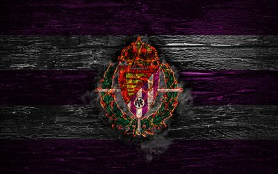 Real Valladolid FC, fire logo, LaLiga, violet and white lines, spanish football club, grunge, football, soccer, logo, Real Valladolid CF, wooden texture, Spain