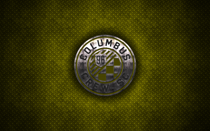 Columbus Crew SC, 4k, logo de metal, arte creativo, American club de f&#250;tbol, de la MLS, con el emblema de metal amarillo de fondo, de Columbus, Ohio, estados UNIDOS, el f&#250;tbol de la Liga Mayor de F&#250;tbol, Columbus Crew
