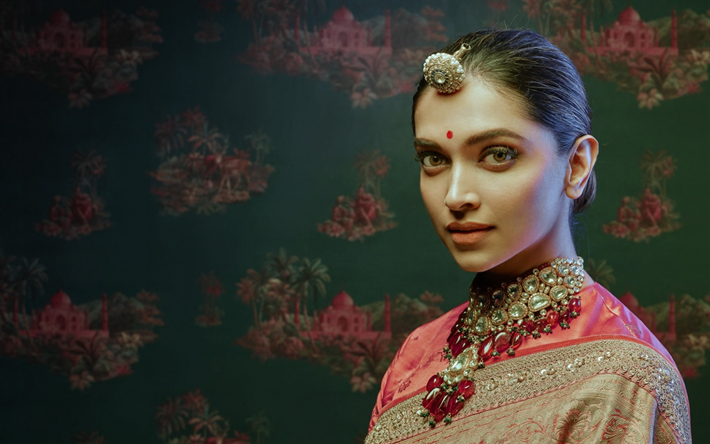 Deepika Padukone, インド女優, 驚, 肖像, ボリウッド, インド, インドの伝統衣装を着, 化粧