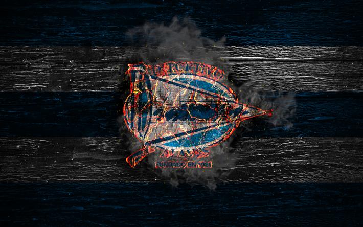 Deportivo Alaves FC, fire logo, LaLiga, blue and white lines, spanish football club, grunge, football, soccer, logo, Deportivo Alaves, wooden texture, Spain