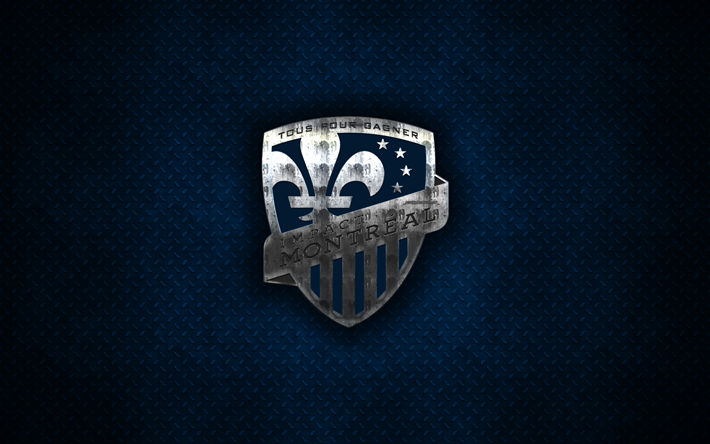 Montreal Impact FC, 4k, logo de metal, arte creativo, Canadian club de f&#250;tbol, de la MLS, con el emblema de metal de color azul de fondo, la ciudad de Montreal, Canad&#225;, estados UNIDOS, el f&#250;tbol de la Liga Mayor de F&#250;tbol, el Montreal 
