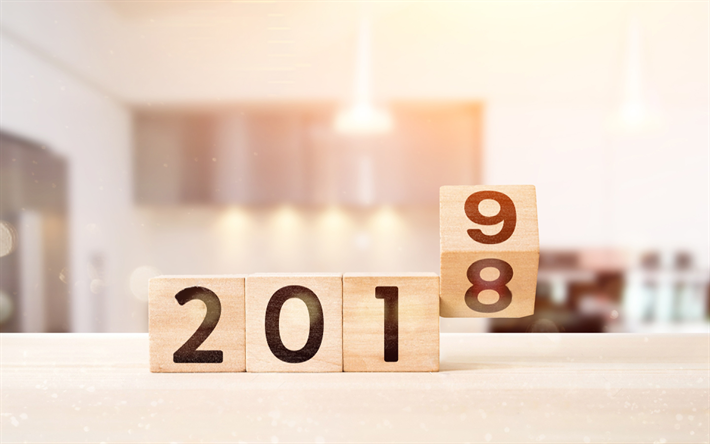 Felice Nuovo Anno 2019, cubi di legno, bokeh, creativo, 2019 concetti, 3d cifre, 2019 anno