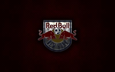 Red Bulls de nueva York, 4k, logo de metal, arte creativo, American club de f&#250;tbol, de la MLS, con el emblema de metal rojo de fondo, Harrison, Nueva Jersey, estados UNIDOS, el f&#250;tbol de la Liga Mayor de F&#250;tbol