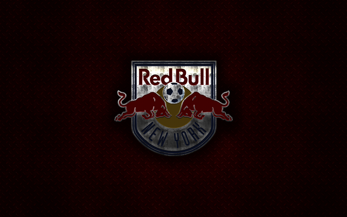 New York Red Bulls, 4k, metall-logotyp, kreativ konst, Amerikansk fotboll club, MLS, emblem, red metal bakgrund, Harrison, New Jersey, USA, fotboll, Major League Soccer