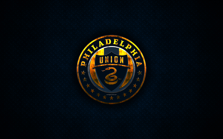 Philadelphia Union, de 4 kb, logo de metal, arte creativo, American club de f&#250;tbol, de la MLS, con el emblema de metal de color azul de fondo, Filadelfia, Pensilvania, estados UNIDOS, el f&#250;tbol de la Liga Mayor de F&#250;tbol