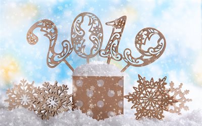 2019 year, wooden letters, gifts, snow, winter, 2019 concepts, New Year, wooden decorations, Christmas