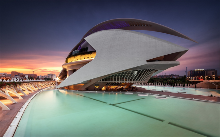 City of Arts and Sciences, Valencia, architecture complex, modern architecture, evening, sunset, landmark, Spain