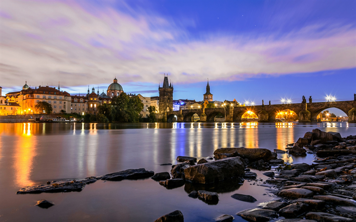 Charles Bridge, landmark, morning, sunrise, river, Prague, Czech Republic, Vltava river