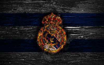 Real Madrid FC, yangın logo, LaLiga, beyaz ve mavi &#231;izgiler, İspanyol Futbol Kul&#252;b&#252;, grunge, futbol, logo, Real Madrid CF, ahşap doku, İspanya