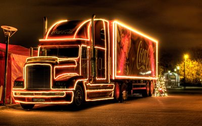 Coca-Cola Christmas Truck, night, Merry Christmas, Happy New Year, Coca-Cola, Christmas truck, trucks, Freightliner, HDR
