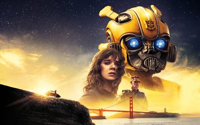 Bumblebee, 2018, 4k, poster, promotional materials, heroes, characters, Charlie Watson, Hailee Steinfeld, Transformers, San Francisco, Golden Gate Bridge, USA