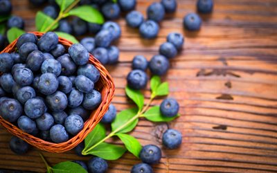 4k, blueberries, close-up, fresh fruits, berries, basket of berries, fruits