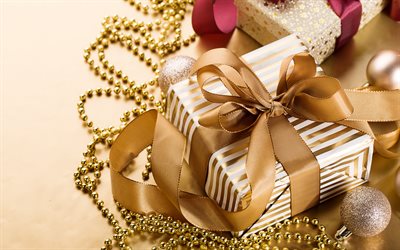 golden gift box, golden silk ban, New Year, Christmas gift, decorations, golden silk ribbon, Christmas