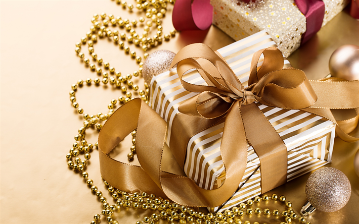 golden gift box, golden silk f&#246;rbud, Nytt &#197;r, Julklapp, dekorationer, gyllene siden band, Jul