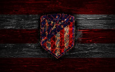Atletico Madrid FC, fire logo, LaLiga, new logo, red and white lines, spanish football club, grunge, football, soccer, logo, Atletico Madrid, wooden texture, Spain, Atletico Madrid new logo