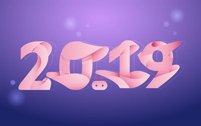 2019 year, pink digits, violet background, 2019 concepts, 3D digits, Happy New Year 2019, creative