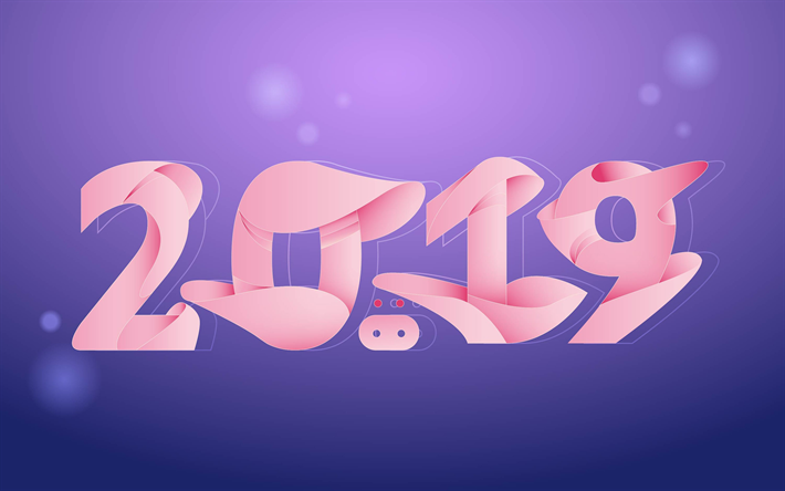 2019 &#229;r, rosa siffror, violett bakgrund, 2019 begrepp, 3D-siffror, Gott Nytt &#197;r 2019, kreativa