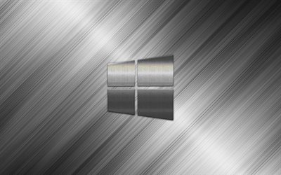 Windows 10, logo in metallo, arte, sfondo grigio metallizzato, acciaio, texture, emblema