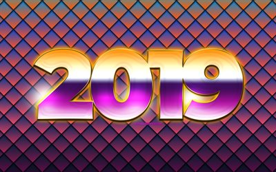 Happy New Year 2019, rhombuses, abstract art, creative, 2019 concepts, 3d digits, 2019 year, perple background